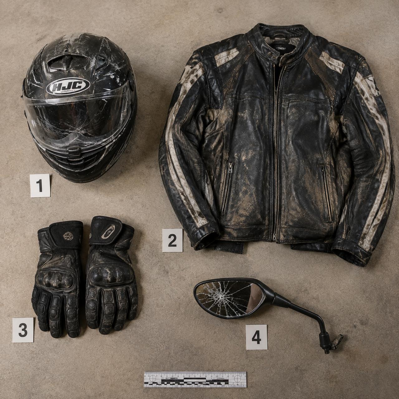 Damaged helmet, riding jacket, gloves and mirror laid out with evidence markers