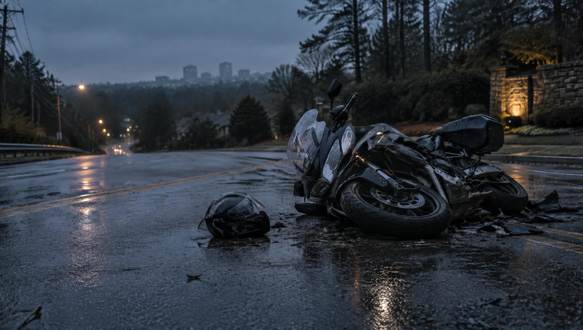 Damaged motorcycle and helmet on a wet Georgia road at dusk